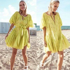 INNIKA CHOO Meg Nettick Floral Eyelet Cotton Dress in Neon Yellow Size S